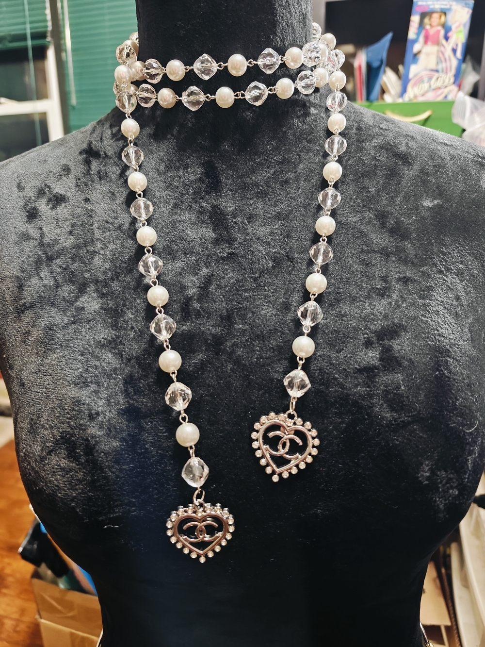 Pearl and Crystal Lariat Necklace with CC Heart Charms